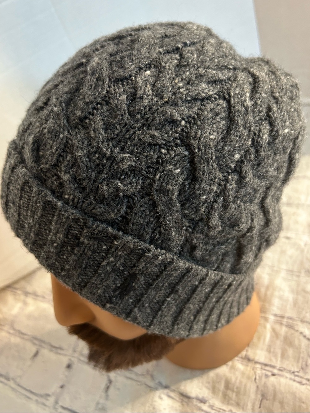 POLO RALPH LAUREN MERINO WOOL BLEND GREY CABLE KNIT RIBBED CUFF PONY BEANIE